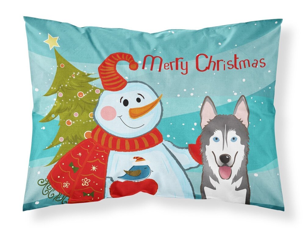 6237 BB1838PILLOWCASE Snowman with Alaskan Malamute Fabric Standard